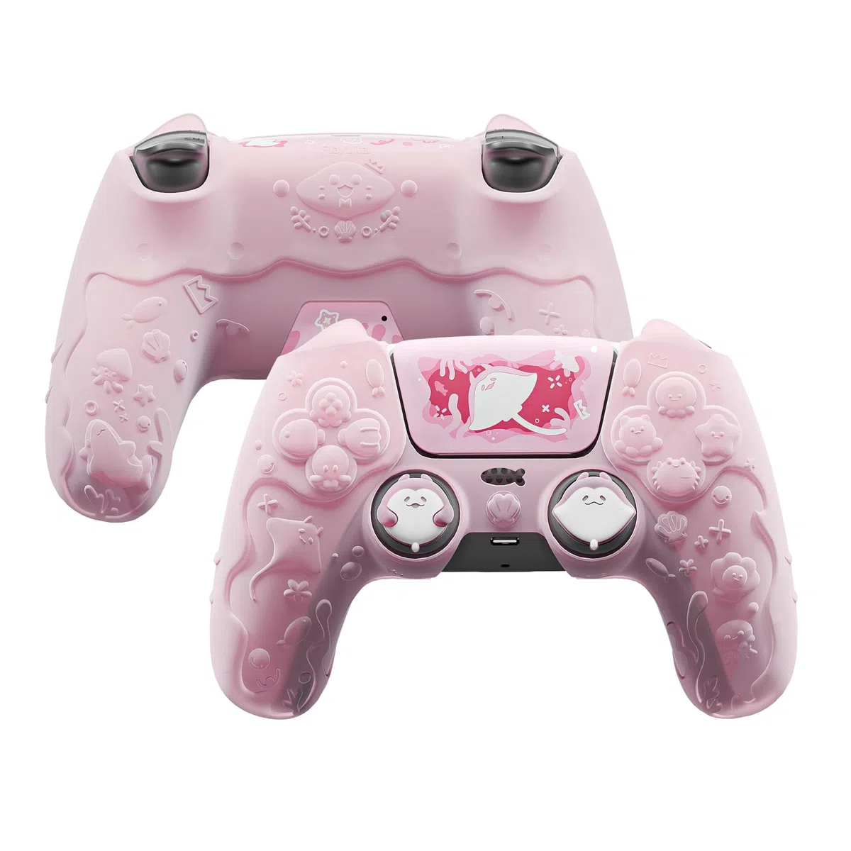 PlayVital Funda de Silicona Semitransparente para ps5 Mando - Serie Cute Ocean Whisper, Carcasa Protectora con Tapas para Joysticks y Pegatina, Compatible con Base de Carga (Rosa Melocotón)