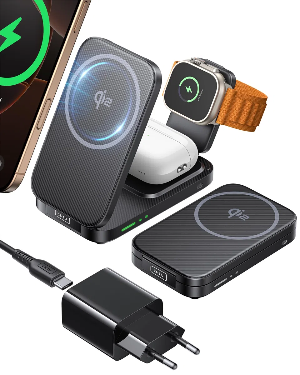 INIU Cargador Inalámbrico 3 en 1, 15W Certificado Qi2 Cargador de Viaje rápido Plegable magnético Compatible con Mag-Safe para iPhone 17e /17/16/15/14/13/12/Air Series, Apple Watch & AirPods Pro/4/3/2