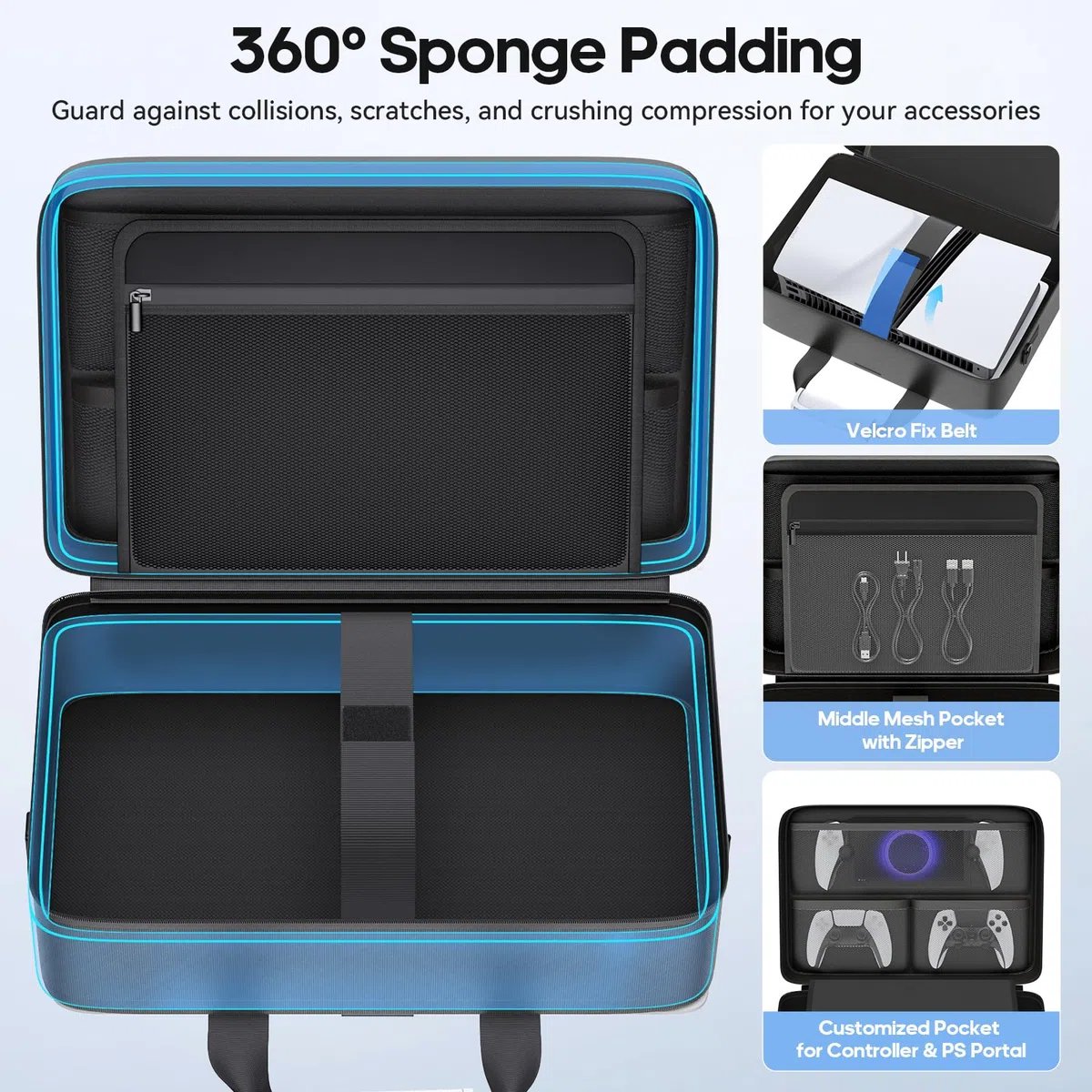 Gersker Bolsa de Viaje para PS5/Slim/Pro Digital & Disc, Funda de Transporte para PS5 de 10 Compartimentos para PS Portal, 4 Tarjetas de Juego, 2 Mandos, Bolsa PS5 de Gran Capacidad, Negro & Blanco