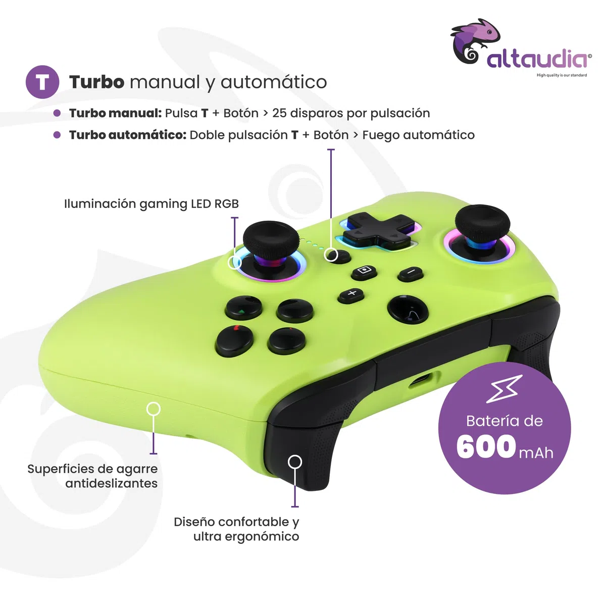 Altaudia Mando Inalámbrico Bluetooth para PC - Compatible con PC, Switch/Smartphone Android y iOS, Conexión USB, 2 Botones Macro, Vibración Dual, 6 Ejes, Luces LED RGB, Color Verde