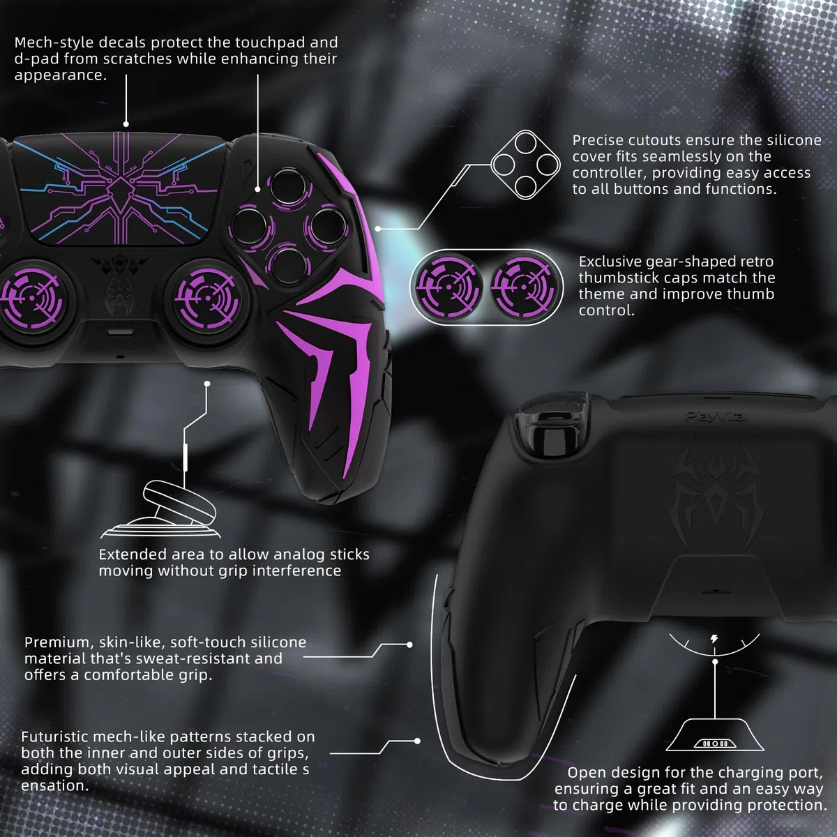 PlayVital Funda de Silicona para ps5 Mando - Diseño Cyber Spider, Antideslizante y Antigolpes, Incluye 2 Agarre de Pulgar y 6 Stickers, Compatible con ps5 Estación de Carga Oficial (Negro & Violeta)