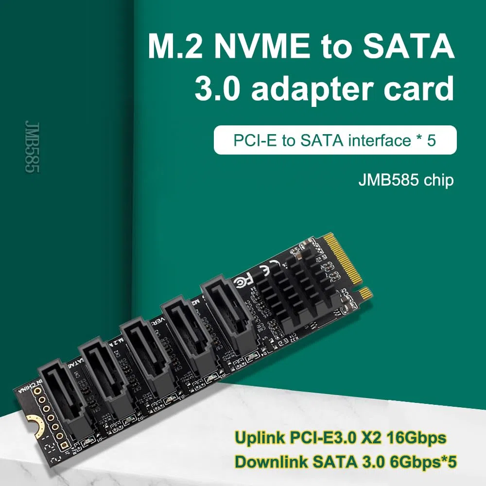 POFET Adaptador NVME a SATA M.2 a SATA convertidor de 5 puertos con radiador de aluminio JMB585 chip compatible con función PM