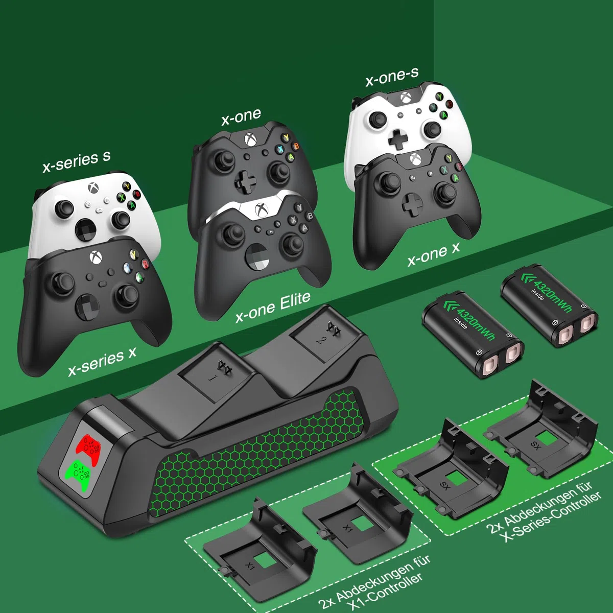 Batería recargable para controlador Xbox con estación de carga, paquete de batería para Xbox Serie X/S/Xbox One/One S/X/Elite con 4 tapas de batería (sin controlador)