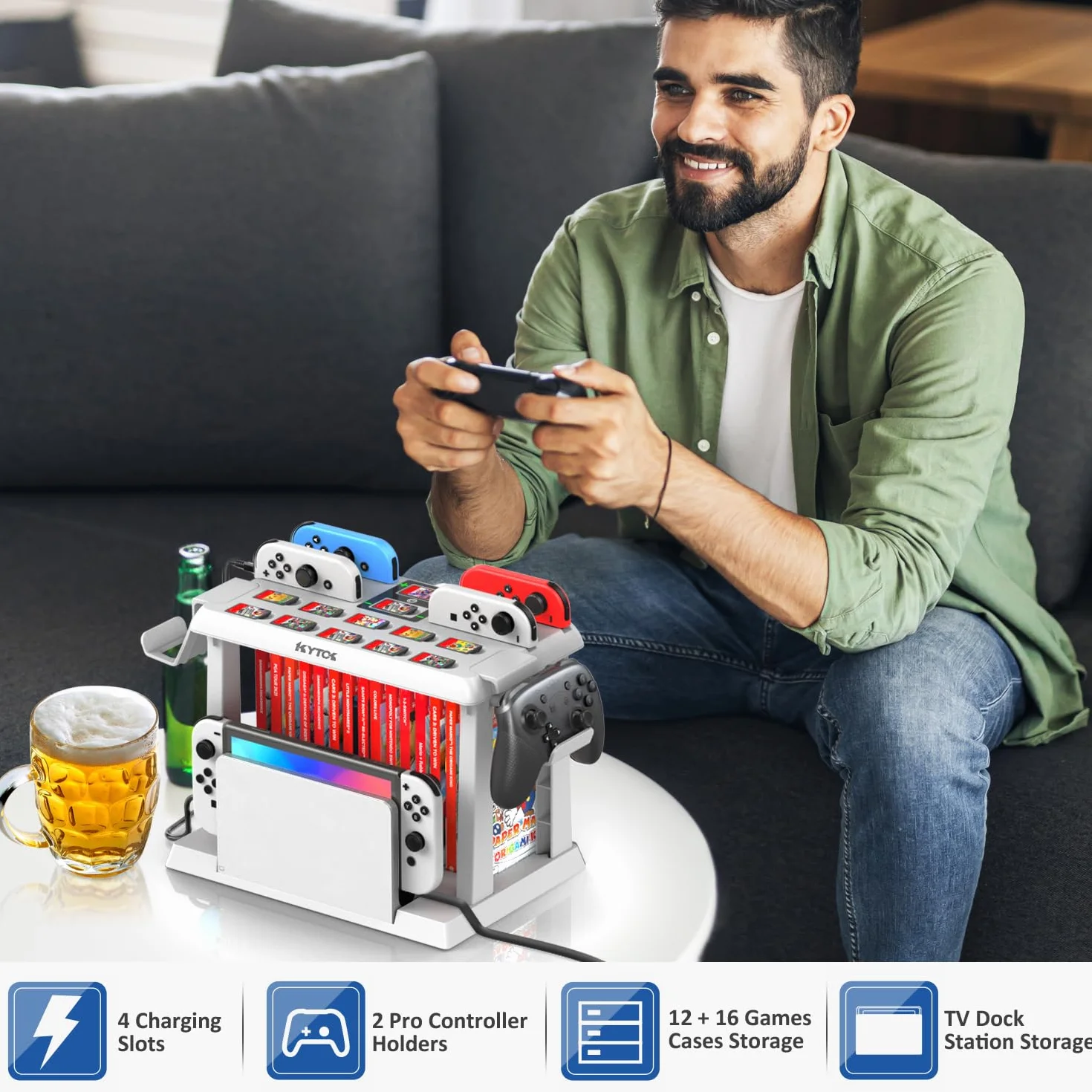 Kytok Soporte Almacenamiento para Nintendo Switch/OLED con Cargador para Joycon, Torre Almacenamiento para Accesorios de Switch, Soporte Organizador para Nintendo Switch Juegos, Mando Pro y TV Dock
