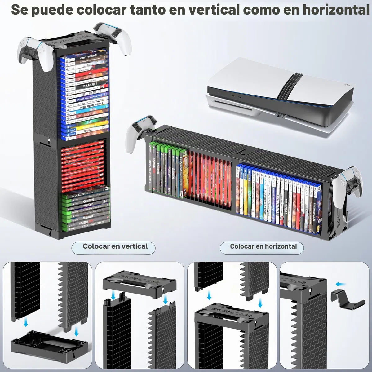 Torre de Almacenamiento de Videojuegos con Soporte para Mando, Soporte Juego para NS 2/PS5/PS4/Xbox, Organizador de Videojuegos para 40 Discos, Vertical & Horizontal Estantería Discos, Accesorio juego
