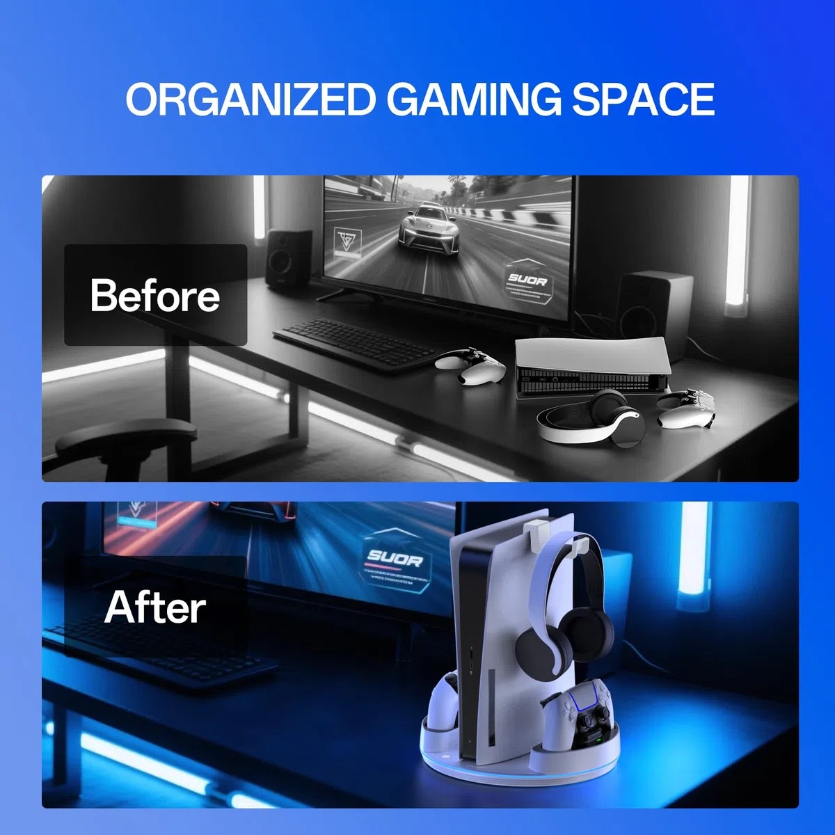 NEWDERY Soporte para PS5/PS5 Slim/PS 5 Pro, estación de Carga de Controlador Dual con luz RGB para PlayStation 5, Soporte Vertical para Consola Digital PlayStation 5/Disco, Color Blanco