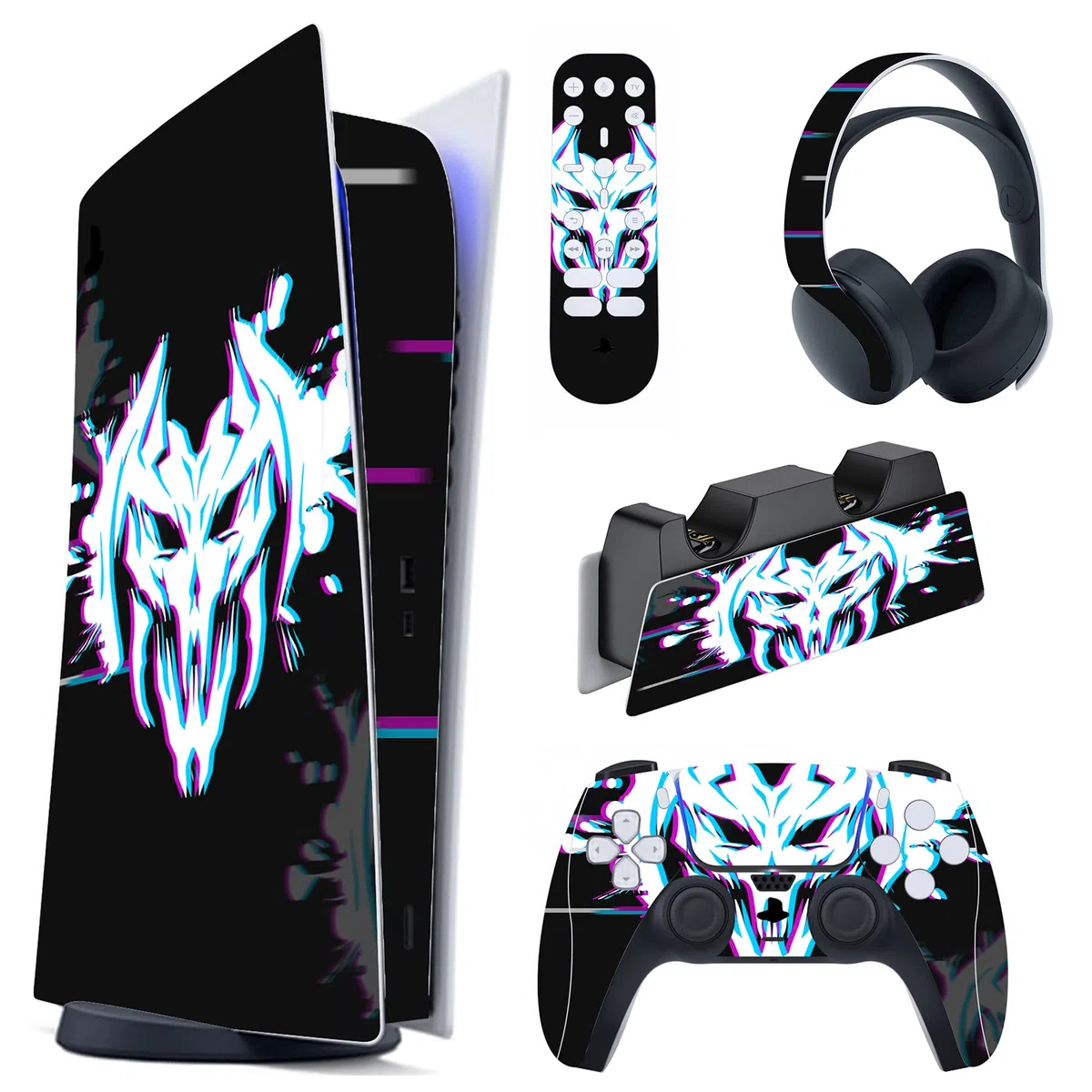 PlayVital Pegatina Completa para ps5 Edición Digital - Calcomanía Vinilo para Consola, Control, Estación de Recarga, Control Remoto y Audífonos, Adhesivo Piel (Glitch Demonio)