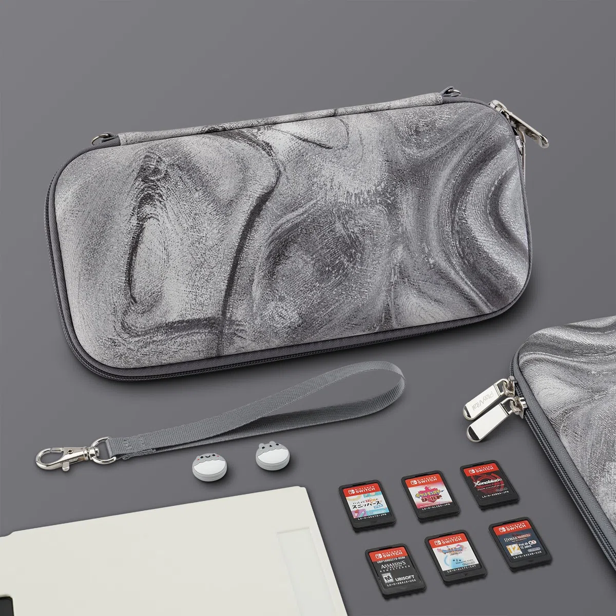 playvital Estuche Portátil para Nintendo Switch y OLED - Funda de Transporte con Tapas de Joystick, 10 Ranuras para Juegos, Bolsillo Interior Suave y Forro Protector (Remolino de Plata)