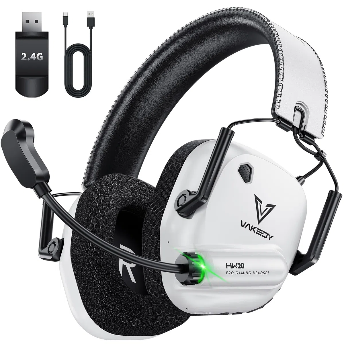 Vakedy Cascos Gaming Inalambricos, 2,4 GHz USB y Auriculares Bluetooth con Micrófono, Ultraligeros, Driver 50 mm, Baja Latencia, Batería 50H, Cascos Gamer para PS5/PS4/PC/Mac/Switch