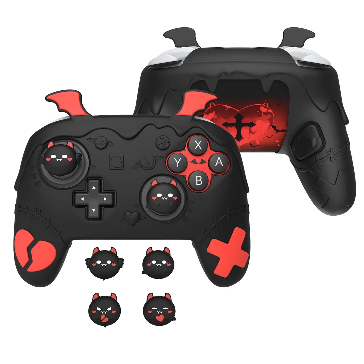 PlayVital Funda de Silicona para Nintendo Switch 2 Pro Mando - Carcasa Protectora con Tapas de Botón Trasero & Thumb Grips & Stickers, Antideslizante y Antigolpes - Diseño Gótico (Negro)