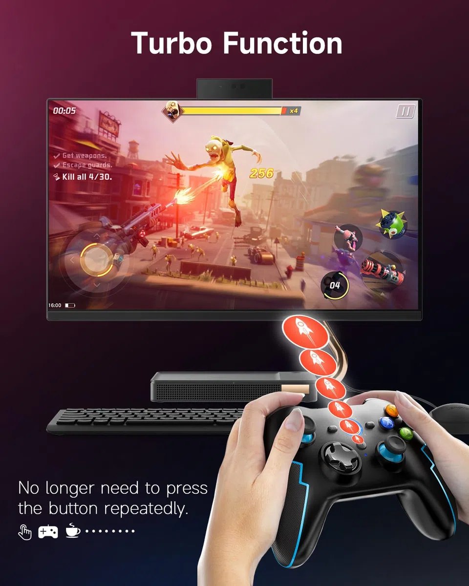 EasySMX 2.4G/Bluetooth Mando PC Inalambrico con Hall Trigger - Turbo - Vibración - Batería Incorporada - para PC/PS3/Switch/Android TV Box/Móvil/Tableta/Portátil - Negro con Azul