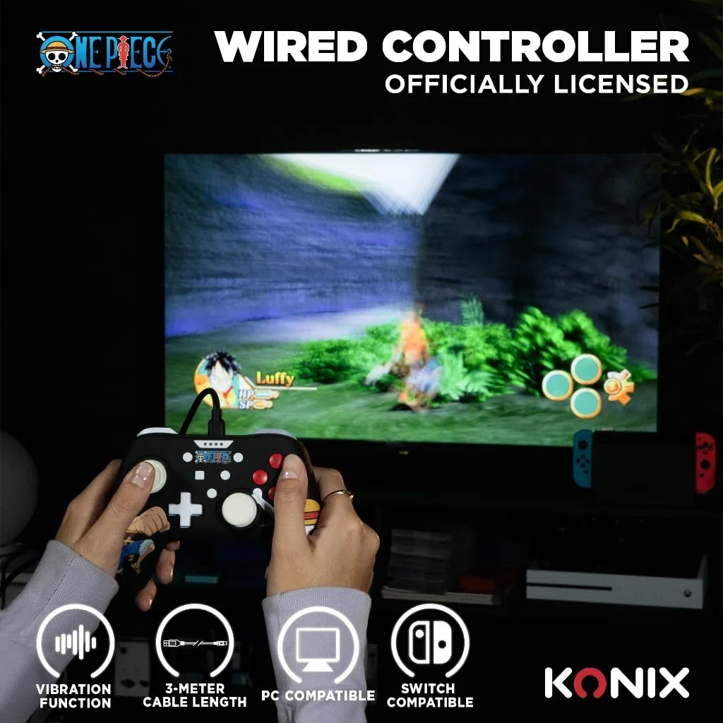Konix Mando One Piece con cable para Nintendo Switch, Switch OLED y PC, función de vibración, cable de 3 m, diseño Luffy, color negro