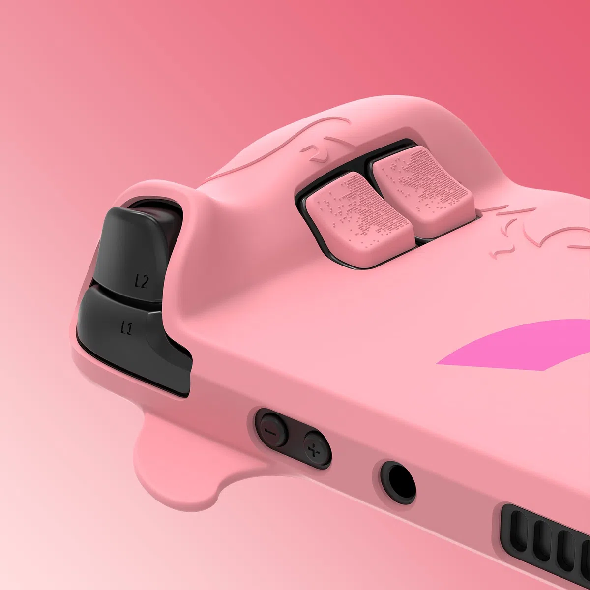 PlayVital Funda de Silicona para Steam Deck LCD & OLED - Protector Antideslizante con Tapas de Joystick & Pegatinas para Trackpad & Mejora de Botones Traseros Set, Diseño Cute Demon (Rosa)