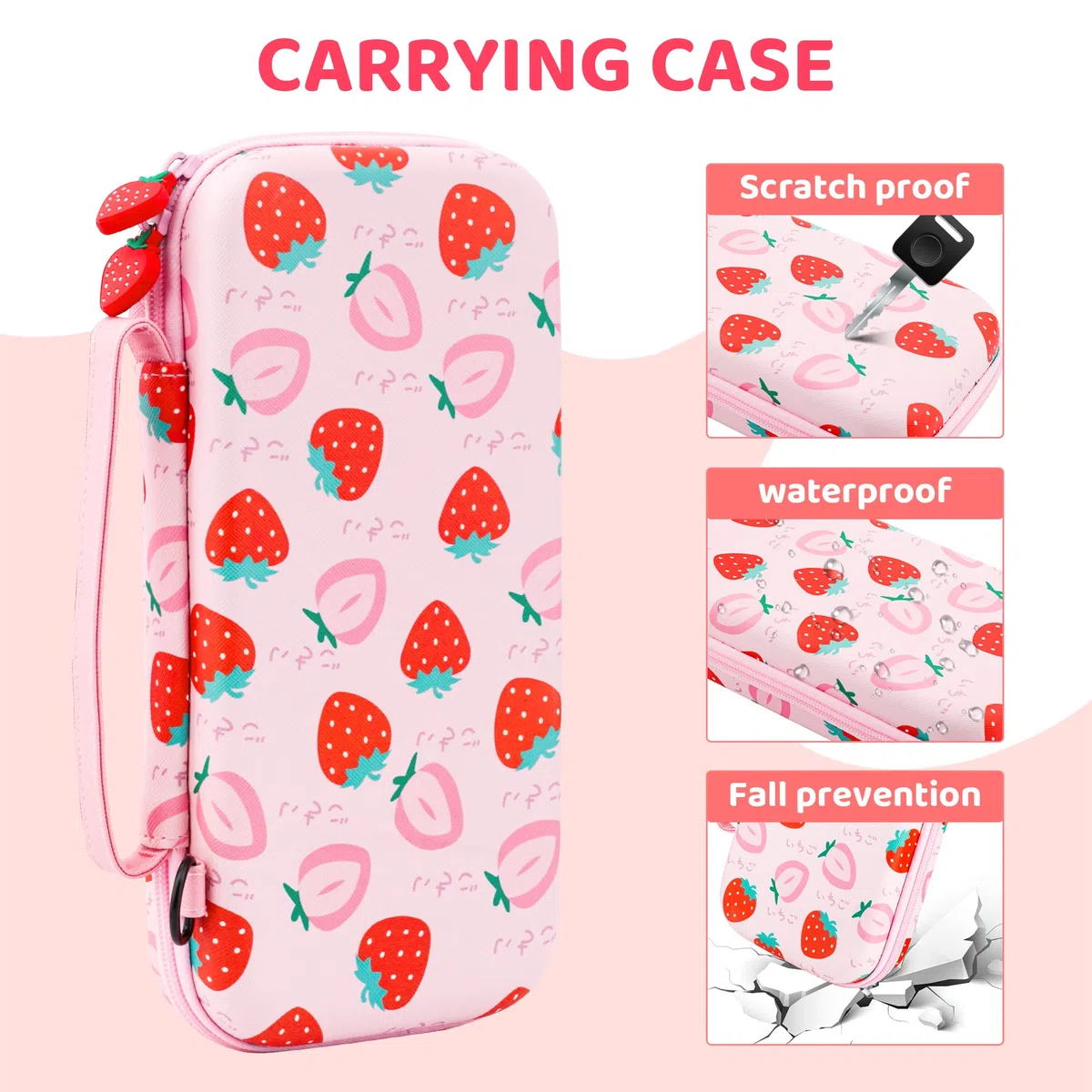 FANPL Funda de Transporte para Nintendo Switch y Switch OLED, Paquete de Funda de Viaje Rosa Fresa con Correa de Hombro Ajustable, agarres para el Pulgar, Funda Protectora rígida antiarañazos, Pink