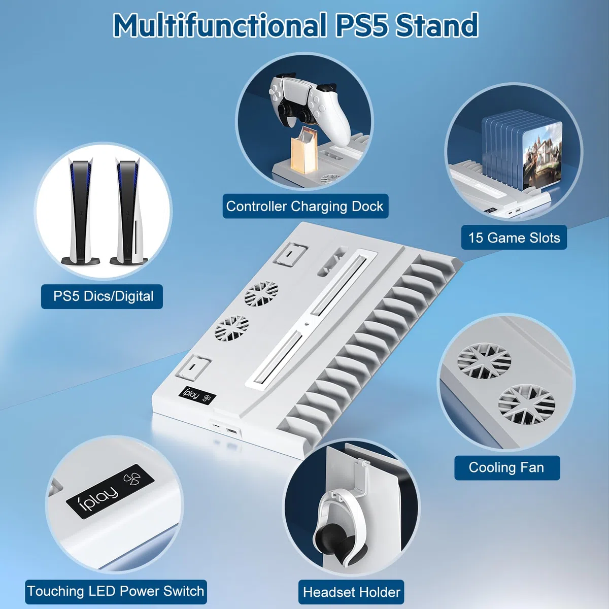 Soporte PS5 con Ventilador y Estación Carga Mando PS5, Multifuncional Soporte Refrigeración con Indicador LED Accesorios Playstation 5 15 Ranuras de Juegos(Edición Disc&Digital) (Blanco)