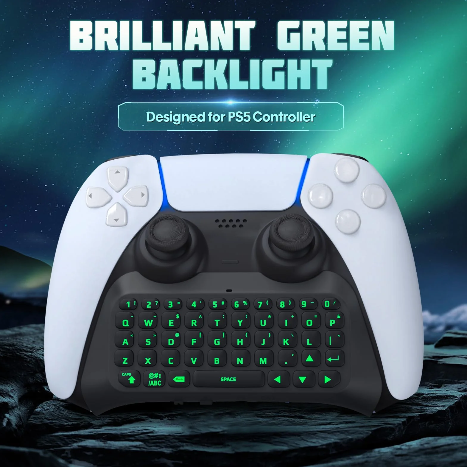 TiMOVO Teclado Inalámbrico Compatible con PS5, Teclado de Controlador Bluetooth con Genial Retroiluminación Verde, 47 Teclas, Altavoz Incorporado, Conector de Audio de 3,5 mm para Mando PS5, Negro