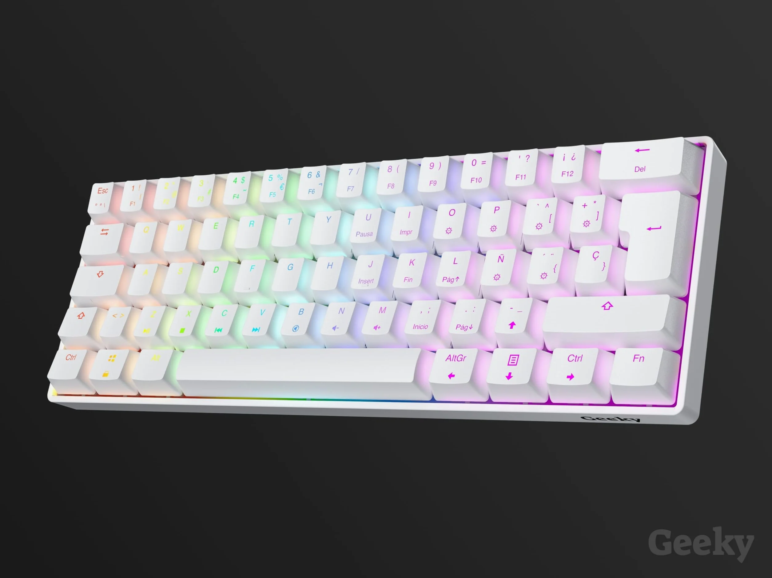 Geeky GK61 60% | Hot Swappable Teclado Mecánico de Juego | 62 Teclas Multicolor RGB LED Retroiluminado para Gaming PC/Mac | ISO ES Teclado Español + LATAM (Blanco, Mechanical Speed Silver)