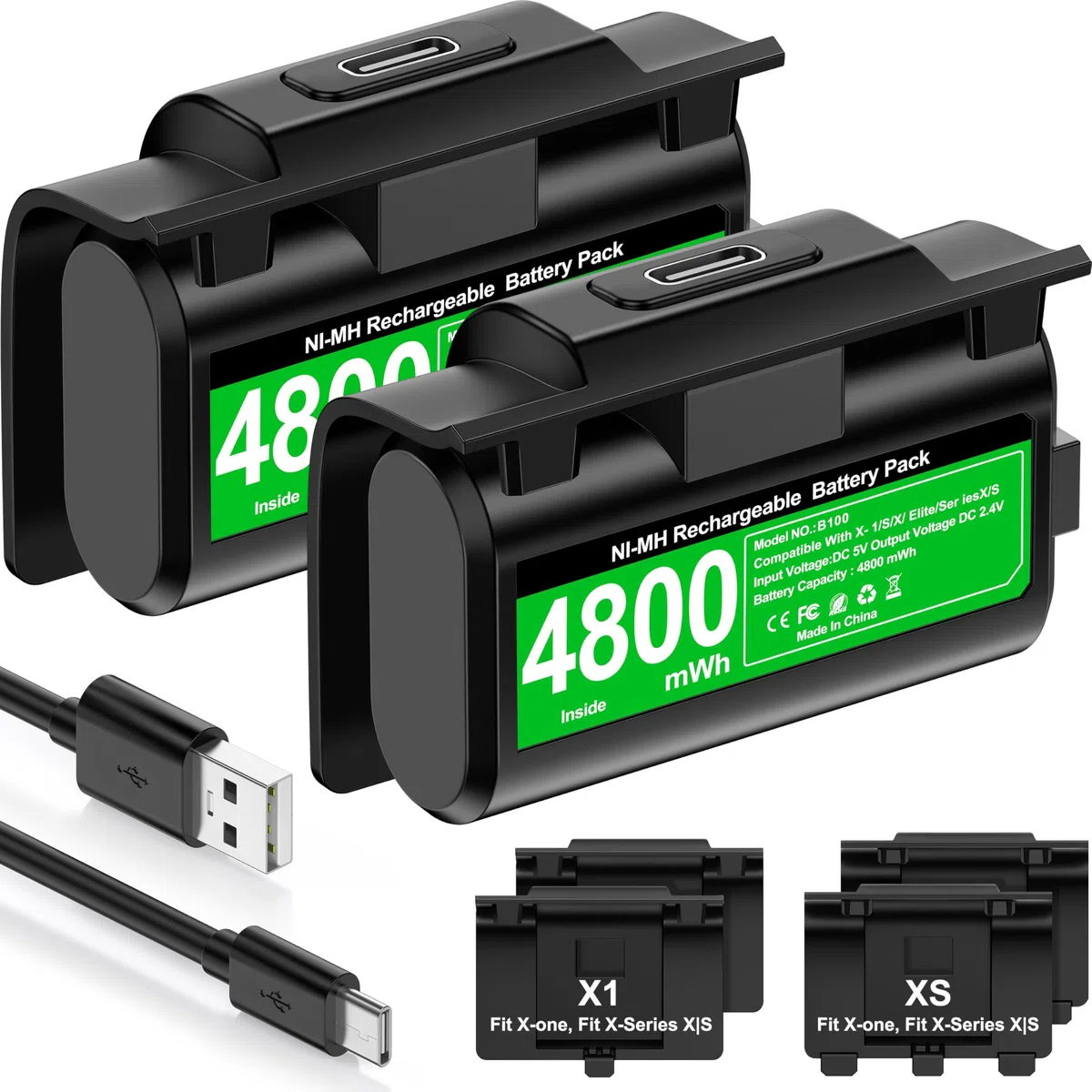 HELLCOOL Play y Kit de Carga USB Bateria para Mando Xbox One/Xbox Series, 2X4800mWh Bateria Compatible con la Mando Xbox One S/X/Elite, Xbox Series X/S, 12 Horas de Juego
