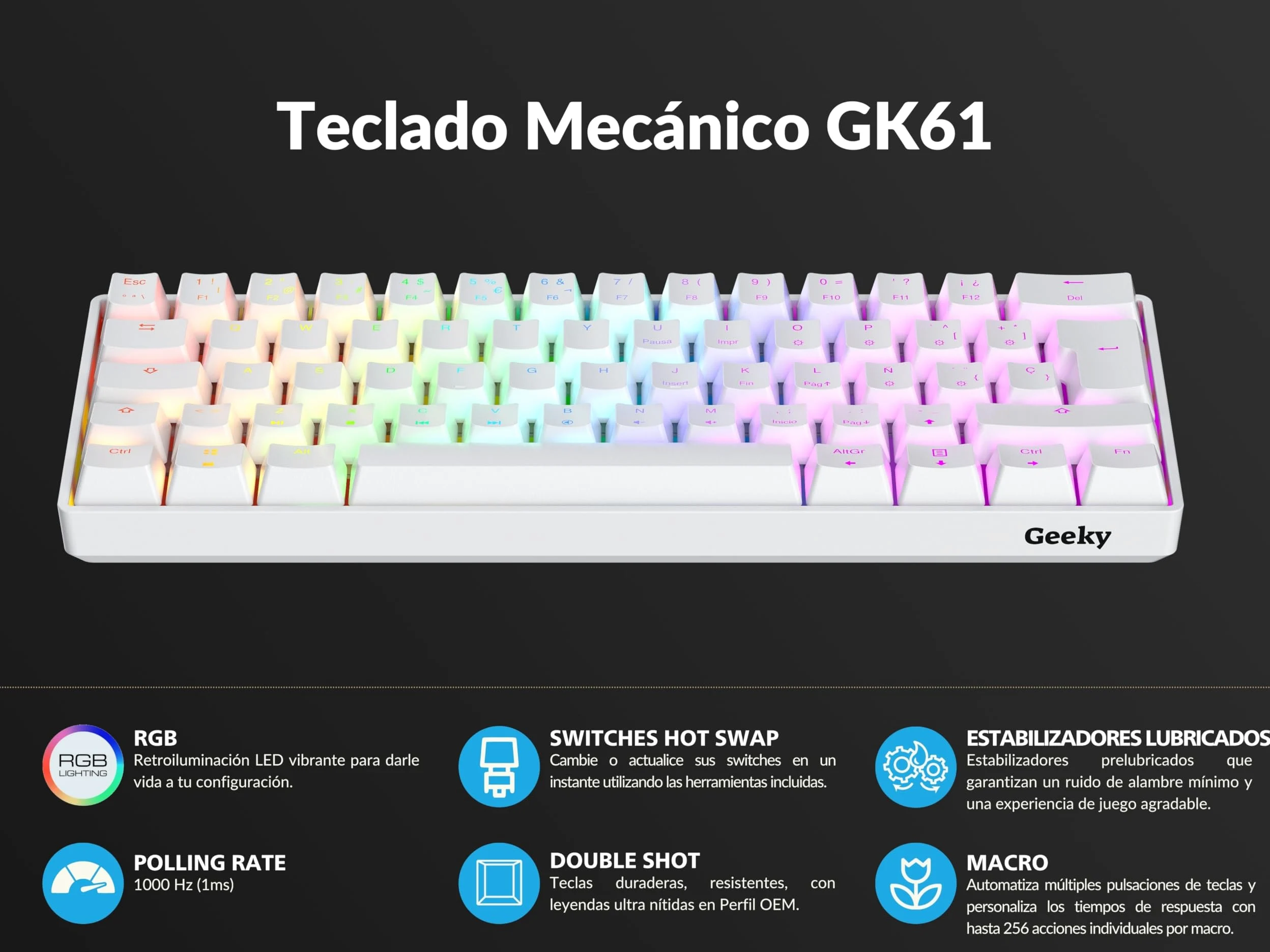 Geeky GK61 60% | Hot Swappable Teclado Mecánico de Juego | 62 Teclas Multicolor RGB LED Retroiluminado para Gaming PC/Mac | ISO ES Teclado Español + LATAM (Blanco, Mechanical Speed Silver)