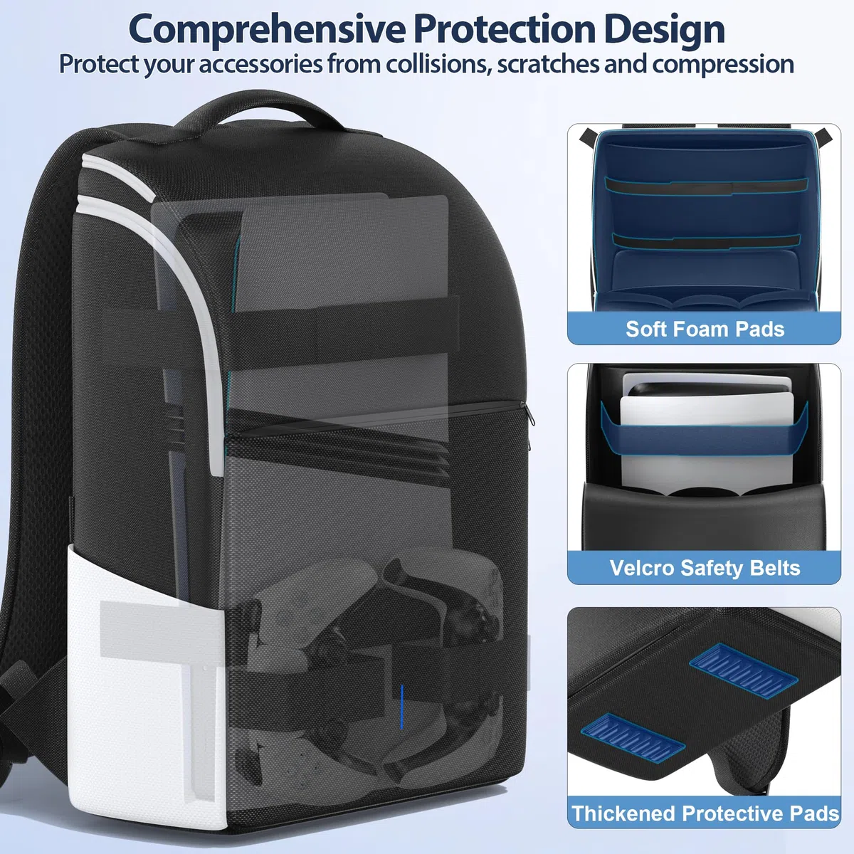 Mochila para Consola PS5/ Slim/ Pro, Bolsa PS5 de Viaje con Protección Total, Funda ps5 Almacenamiento de Gran Capacidad, PS Portal, Portátil, Tarjeta de Juego, Maletin PS 5 con Bolsa 3 Cable- Blanco