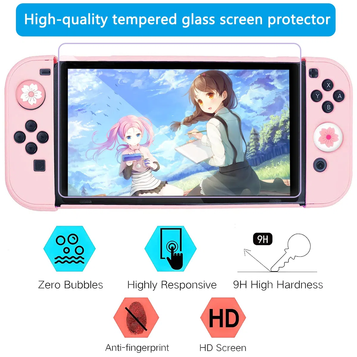 OLDZHU - Funda protectora para Nintendo Switch Joy-Con, incluye protector de pantalla de cristal y 4 agarraderas para el pulgar, absorción de golpes y antiarañazos