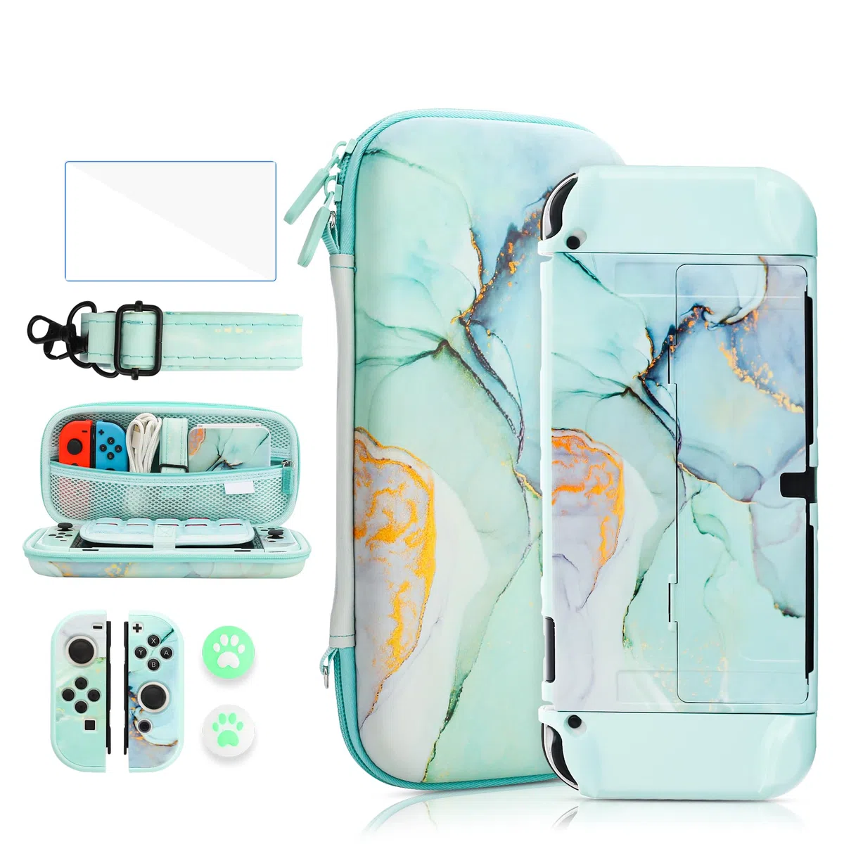 FANPL Paquete de funda para Nintendo Switch OLED, funda de transporte para Switch OLED y Joy Con con protector de pantalla, 4 agarres para el pulgar, correa para el hombro, mármol verde