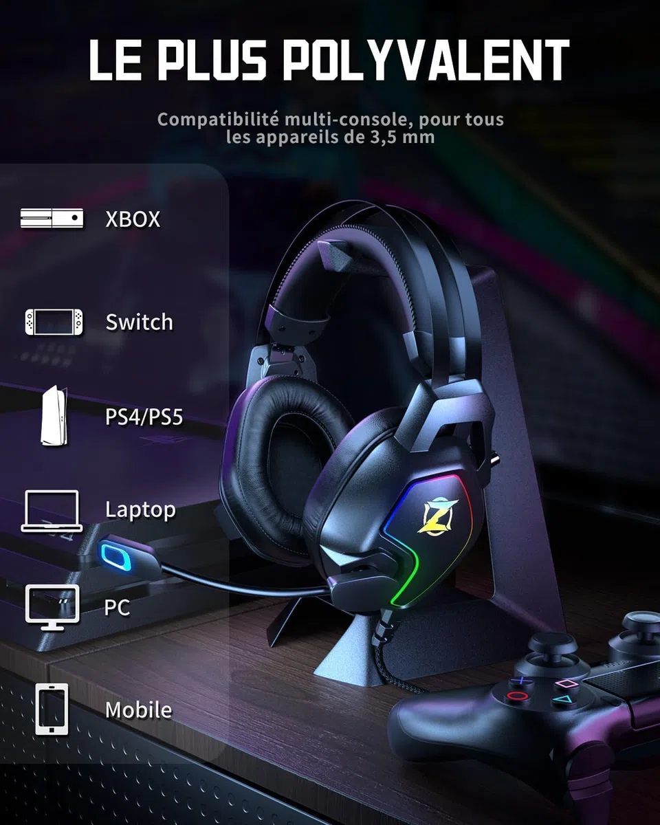 Ozeino - Auriculares de Juego para Ps5 Ps4 PC Xbox Switch, Auriculares de reducción de Ruido con micrófono, luz RGB, Diadema con suspensión automática y Auriculares Jack de 3,5 mm