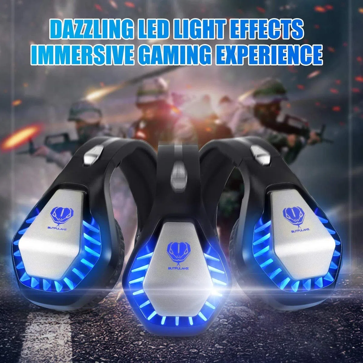 Butfulake GH-1 - Auriculares de diadema para juegos para PS4, Xbox One, Xbox One S, PC, Nintendo Switch, Mac, auriculares estéreo de 3.5 mm con cancelación de ruido y luz LED, color azul