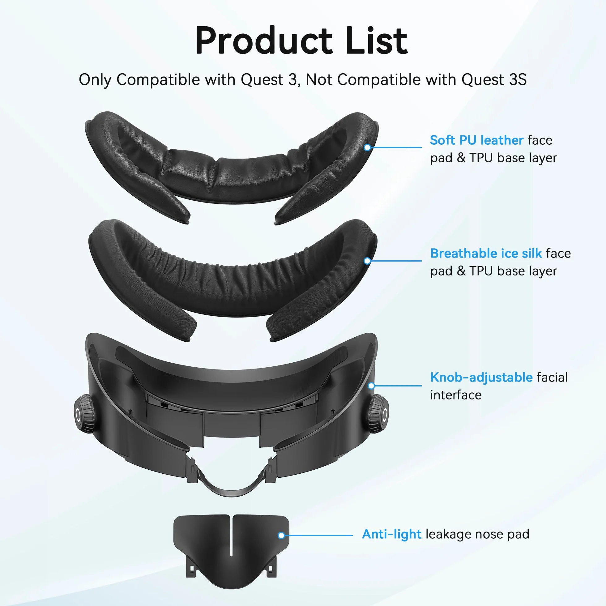 AMVR Upgraded Comfort Face Cover Pad Interfaz Facial Compatible con Q3 Accesorios, con Perilla Ajustable, con Cojín Facial de PU y Algodón de Seda de Hielo Transpirable