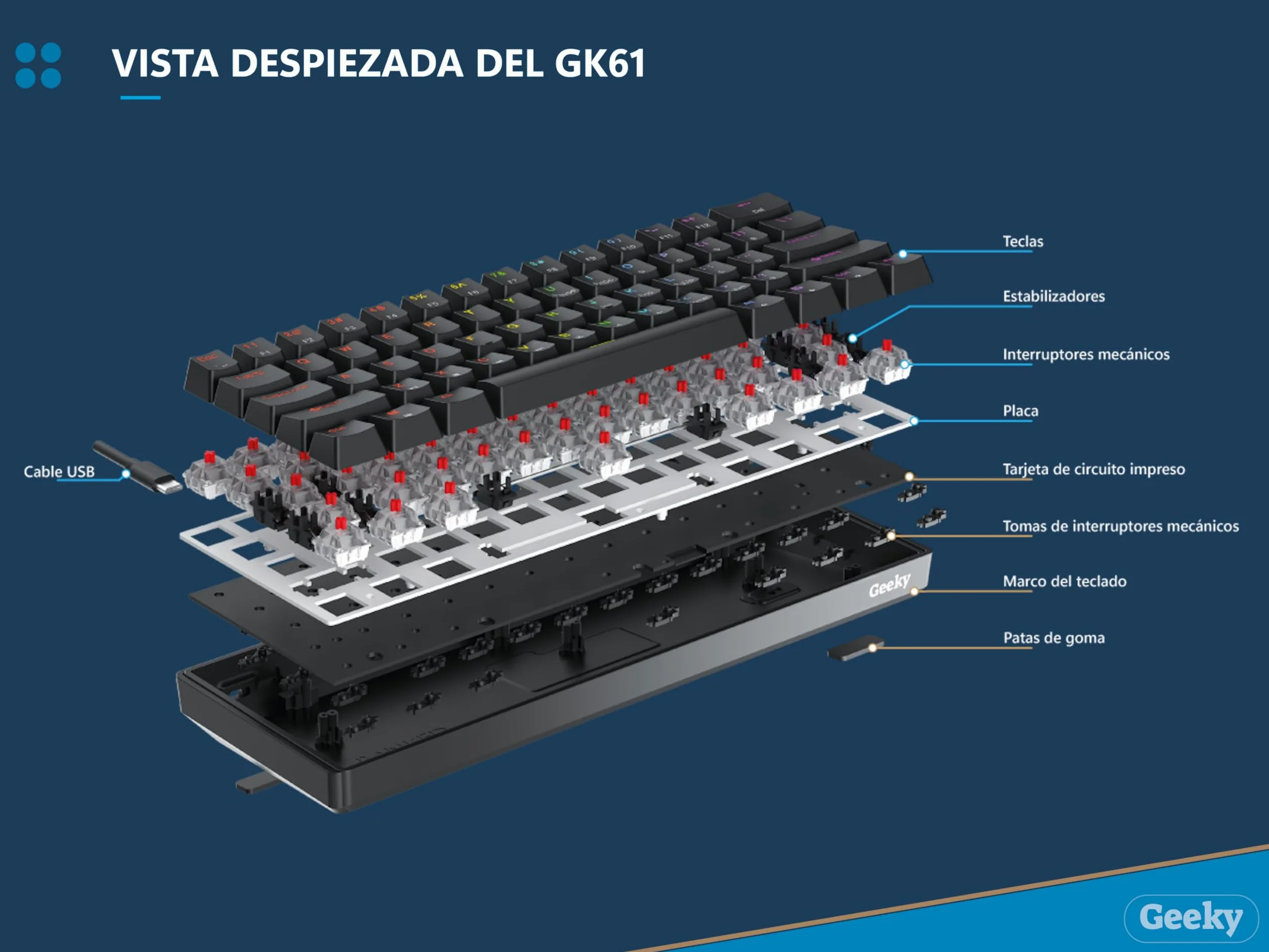 Geeky GK61 60% | Hot Swappable Teclado Mecánico de Juego | 62 Teclas Multicolor RGB LED Retroiluminado para Gaming PC/Mac | ISO ES Teclado Español + LATAM (Blanco, Mechanical Speed Silver)
