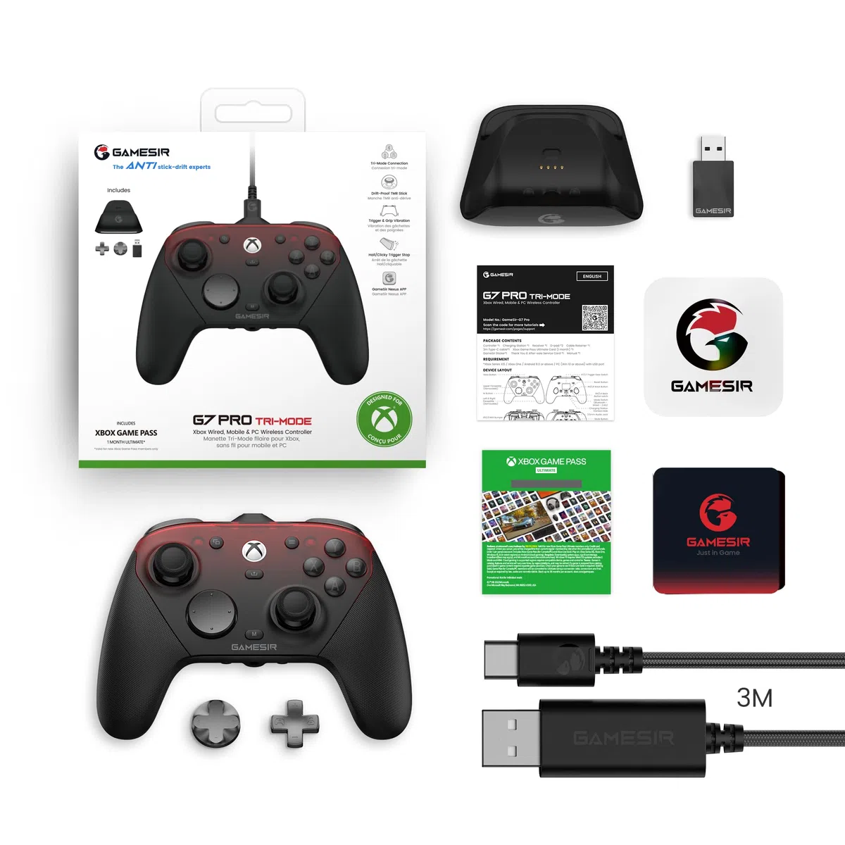 GameSir G7 Pro Mando 1000Hz con Estación de Carga para Xbox Series X|S, Xbox One, Windows 10/11 & Android – Joysticks TMR, Gatillos Ajustables & 4 Botones Programables – Shadow Ember
