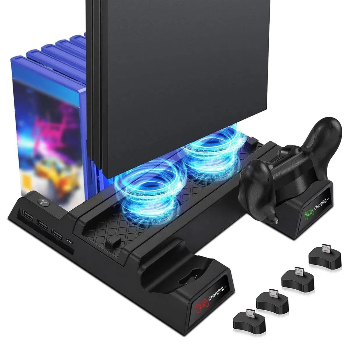 EEEKit Soporte con Ventilador para PlayStation 4, PS4 Pro Ventilador de Refrigeración para PS4 Slim con Estación de Carga para 2 Mandos, Hub USB, Almacenamiento para 12 Juegos
