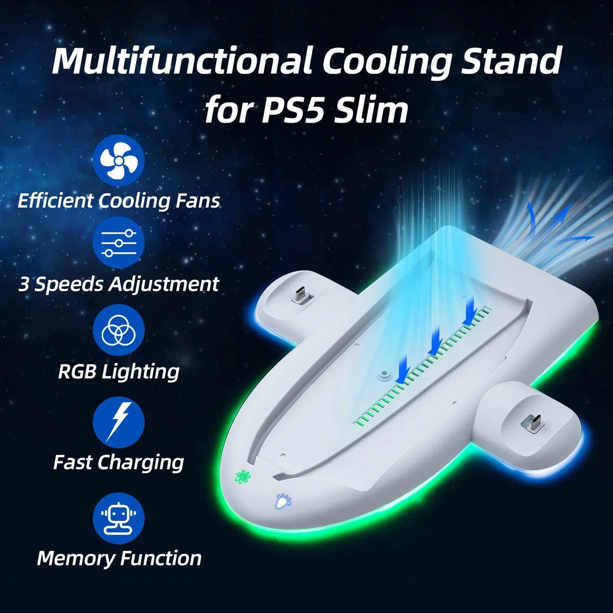 Mcbazel Stand para PS5 Slim, Base de Enfriamiento RGB de 3 Velocidades, Estación de Carga Dual para Controladores con Función de Memoria.(No para PS5/PS5 Pro)