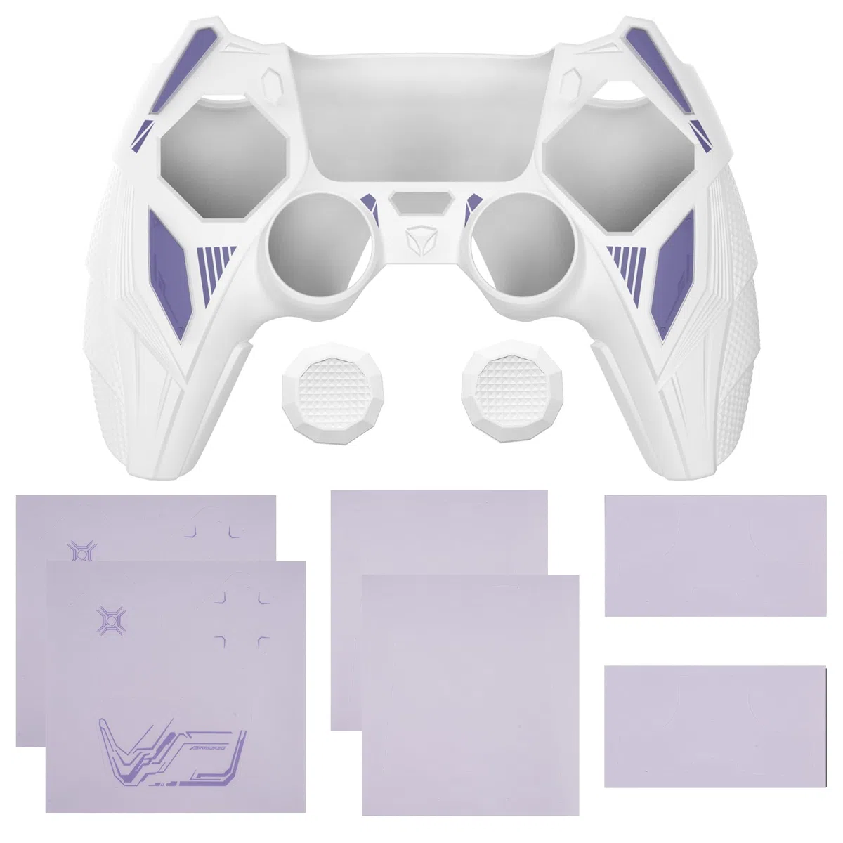 PlayVital Funda de Silicona para ps5 Mando - Carcasa Protectora con Tapas para Pulgar y Pegatinas, Accesorio Antideslizante Compatible con Estación de Carga - Mecha Rhino (Blanco & Violeta Claro)