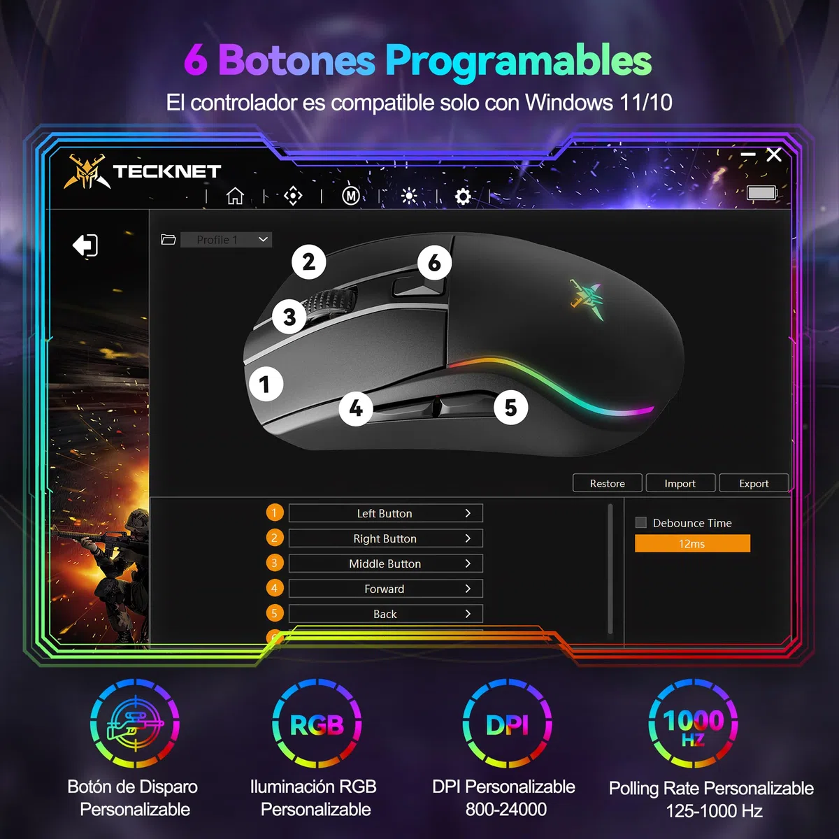 TECKNET Ratón Gaming Inalámbrico 24000 dpi, Conexión Bluetooth / 2.4G / USB-C, Recargable, 1000 Hz Tasa de Sondeo, 6 Botones Programables y Luces RGB Personalizables, Ergonómico para PC/Mac