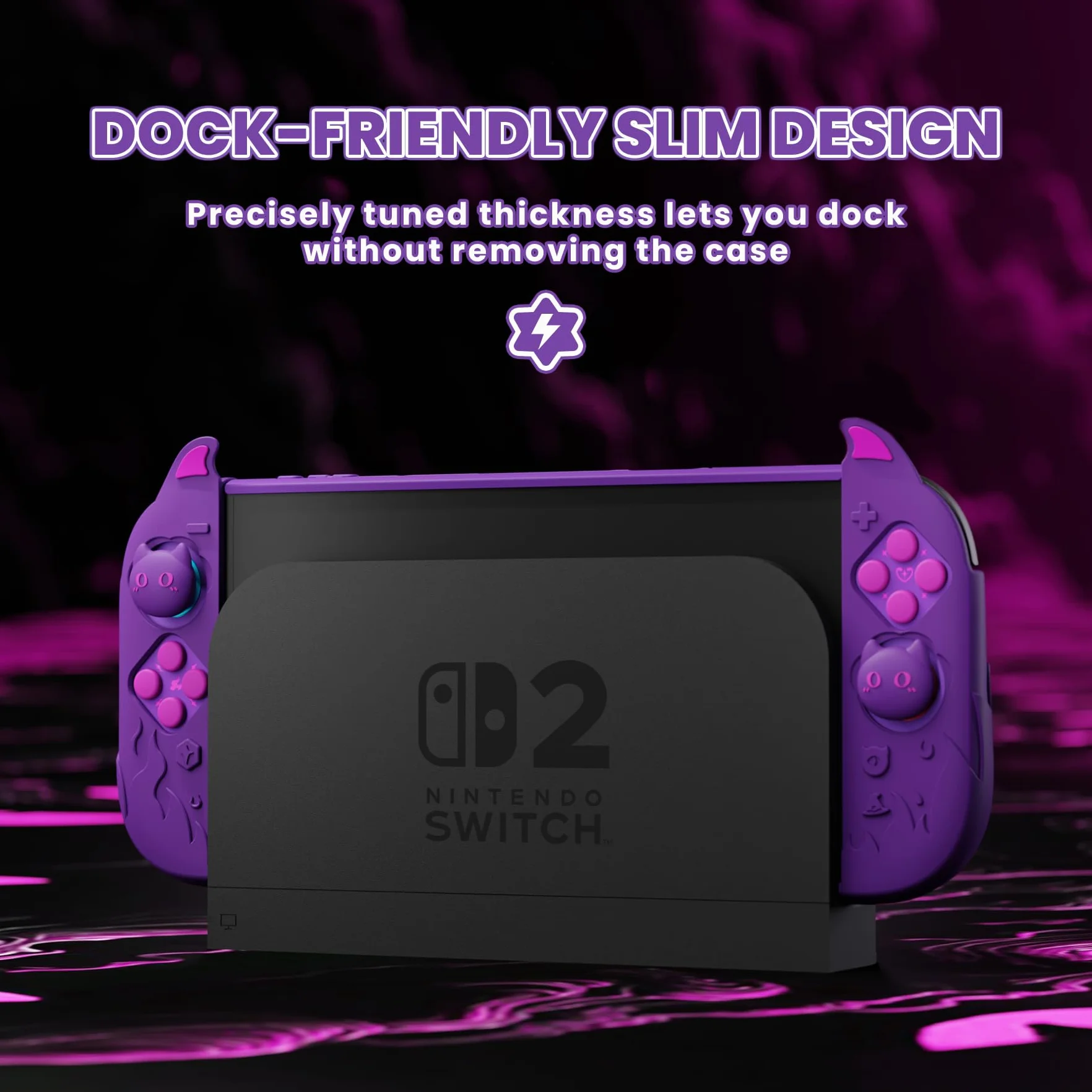 PlayVital Funda Protectora para Nintendo Switch 2, Grip de Silicona Antideslizante + Carcasa Rígida Compatible con Dock, con Tapas para Joystick y Pegatinas, Antigolpes - Cute Demon (Violeta)
