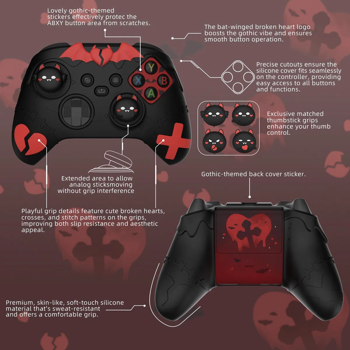 PlayVital Funda de Silicona para Xbox Series X & S Control - Cubierta Protectora Antideslizante, Protector de Goma con Tapas de Joystick, Accesorios para Consola, Diseño Gótico (Negro)