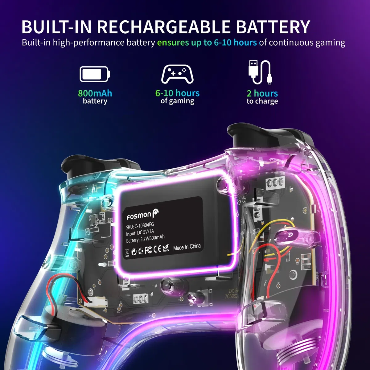 Fosmon Controlador Inalámbrico, Controlador Gaming con Luces RGB para Switch/Lite/OLED y Android/iOS/PC/Steam/Apple Arcade MFi Games, Controlador Switch Pro con Función Turbo y Vibración
