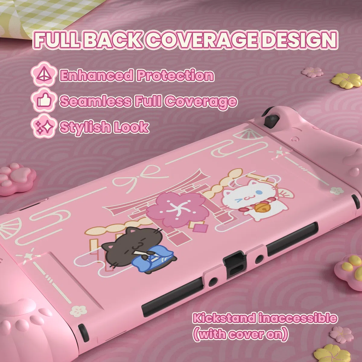 PlayVital Funda Protectora para Nintendo Switch 2 (2025) - Agarre de Silicona con Carcasa Trasera de PC, Protector con Soporte Plegable y Tapas para Joysticks, Diseño Gatito Lindo (Rosa)
