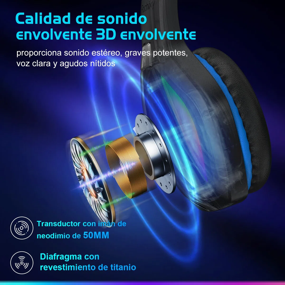 Fachixy「2025 Nuevo」FC100 Cascos Gaming Inalámbricos para PC, PS5, PS4, Auriculares Gaming Inalámbricos de 2,4GHz Wireless+Bluetooth - Baja Latencia, Duración 40Hr+, Luces RGB (Azul-Negro)