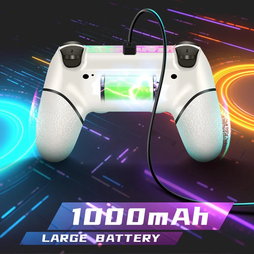 AceGamer Mando Inalámbrico para PS4, Con Luces RGB, Jack de Audio de 3.5mm, Joystick Gamepad V2 Compatible con PS4 / Slim/Pro y Windows PC (Blanco)